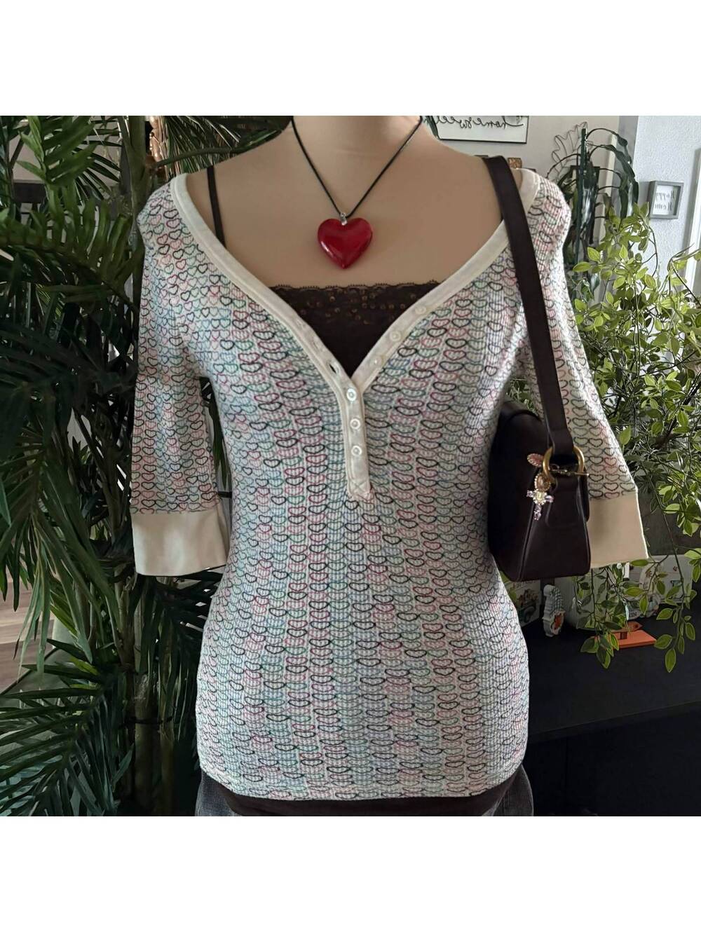 vintage y2k preppy cream fitted henley top